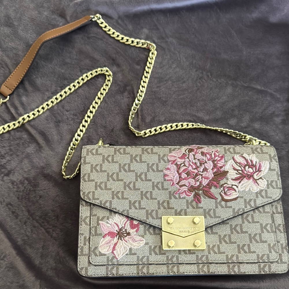 NWOT Karl Lagerfeld Brown and Pink Logo Floral Crossbody Bag with Chain Strap